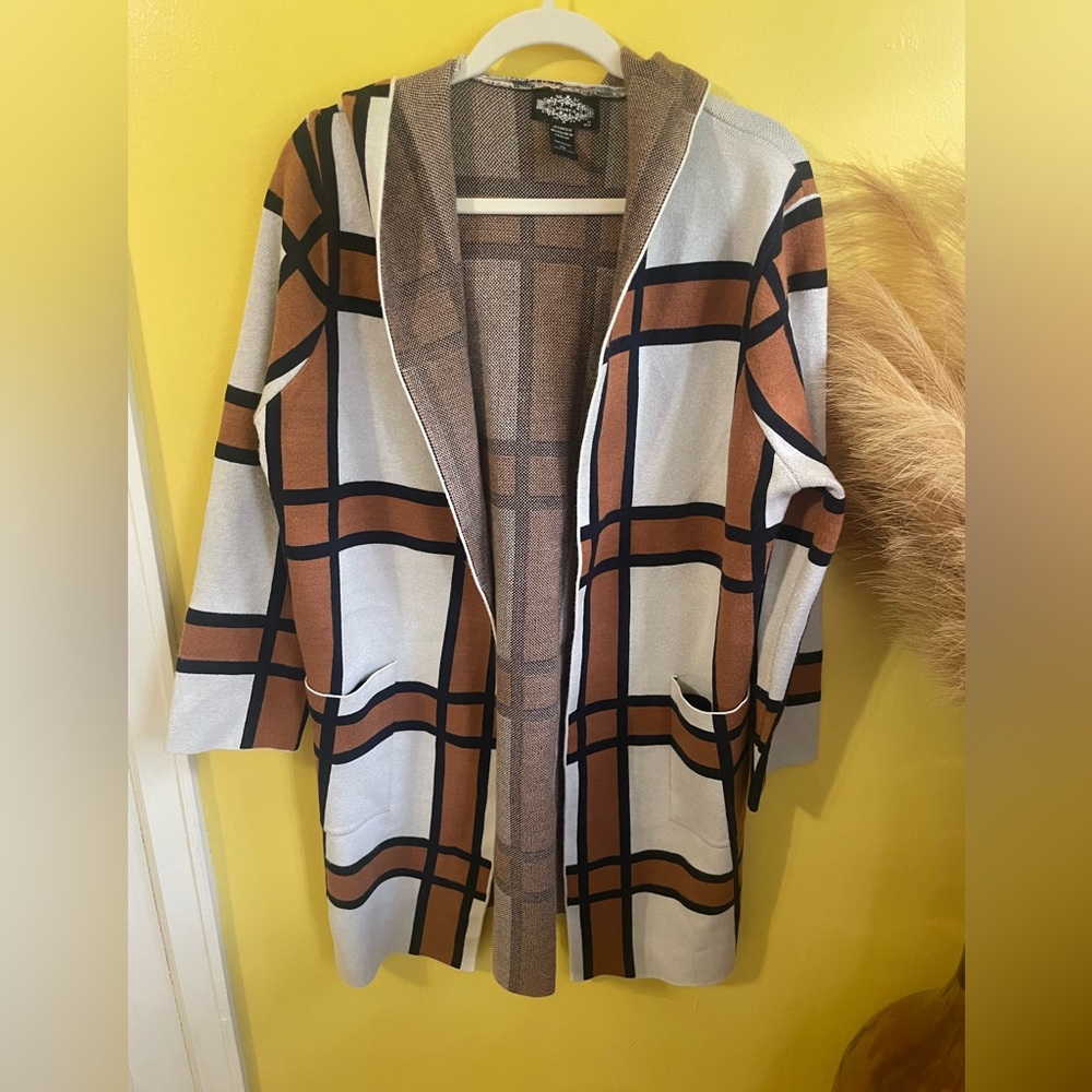 ☀️Olivers O Checkered Open Front Cardigan in Brown and Cream